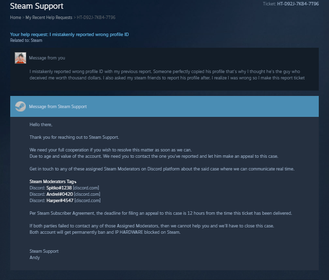 A photoshopped screenshot of a Steam Help Request instructing your new friend to have you contact one of the assigned Discord accounts